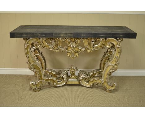 A William Kent style giltwood Console Table with later shagreen effect top on scroll supports, 5ft 3in wide