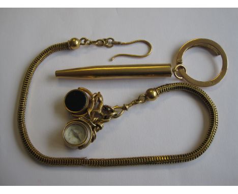 An 18ct gold Key Ring, Extending Pencil, a gilt-metal Watch Chain and two Swivel Seals, one with compass, one with greyhound 