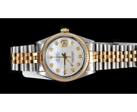 A Rolex Oyster Perpetual Datejust Wristwatch the replacement dial with diamond dot hourly markers, sweep seconds hand and dat