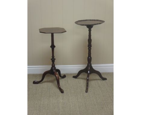 Two mahogany Wine Tables, one with octagonal top on turned stem and tripod base and another with pie crust top