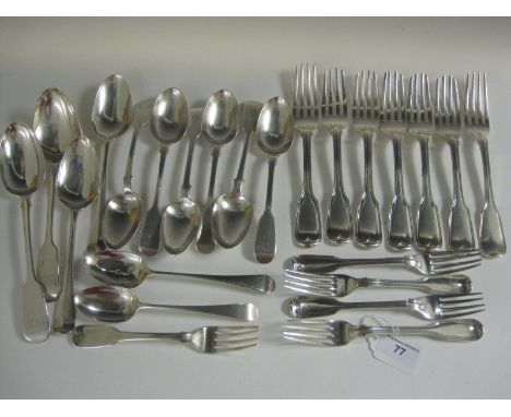 Six George IV silver Dinner Forks fiddle and thread pattern engraved initial F, London 1826, another Fork, similar, four Dess