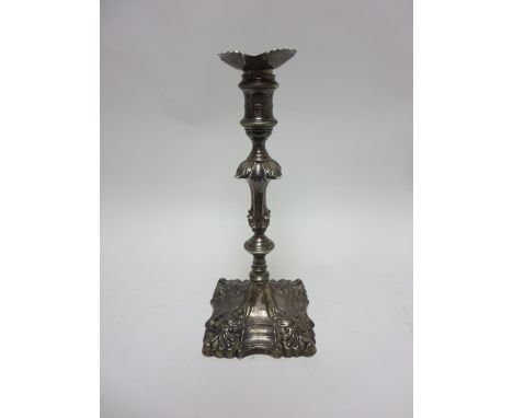 A George III silver cast single Candlestick with knopped stem on shaped square base, London 1762, 10 1/2in, maker: Ebenezer C