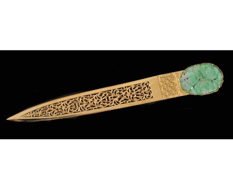 A Jade set filigree Paper Knife with intricate pierced blade and jade handle carved fruit, stamped 750, 8in