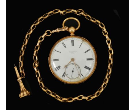 An 18ct gold cased open faced Pocket Watch the white enamel dial with roman numerals and subsidiary dial, on watch Albert wit