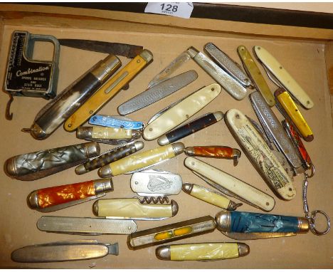 Assorted old pen and pocket knives, makers include Morrell, small tools and a Sterling silver and mother-of-pearl fruit knife