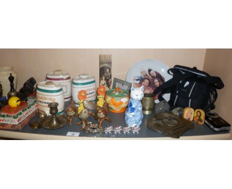 Collection of various china and other ornaments, inc. three Wade whisky barrels, a Spice Girl plate and others