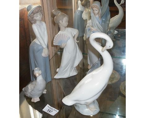 Lladro figurine and two Nao figures, together with a Nao goose figurine and two others (6)