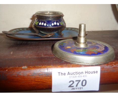 Small Japanese Cloisonné tray, an enamel and glass salt, and a Cloisonné visiting card stand