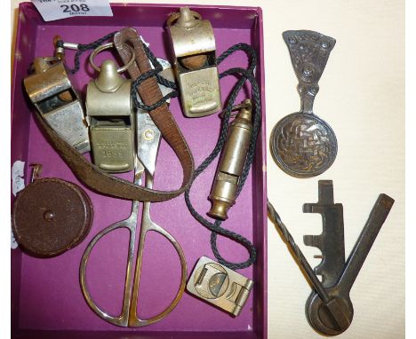 Old whistles, strange key multi-tool, Scottish Sterling silver caddy spoon, etc.