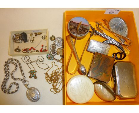 Antique jewellery including an engraved locket, brooches, earrings, trinket pots, inc. a Weymouth souvenir, mussel snuff box 