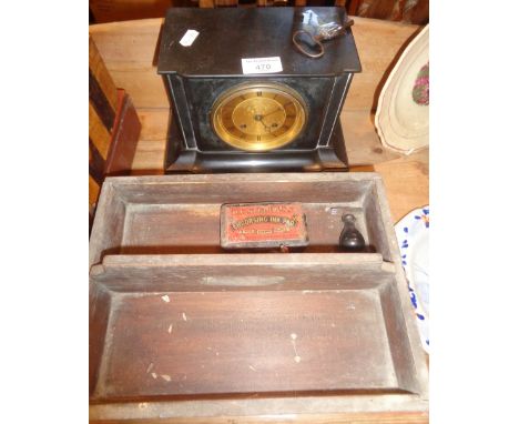 Victorian black slate mantle clock, cutlery tray and carved wooden box