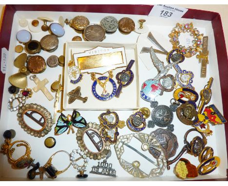 Old enamel badges, rings and brooches, bachelor studs etc.
