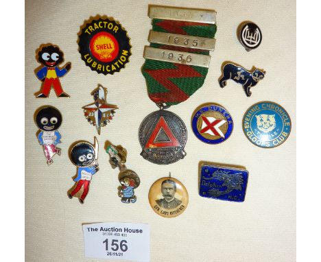 Assorted vintage enamel badges, and a hallmarked silver driving medal. Inc. Robertsons advertising figural badges