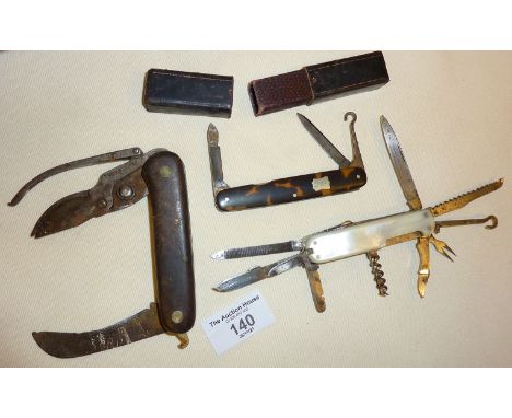 Antique multi-tool pocket knives, one Georgian with cut steel decoration, and original case. Another German, and a mother of 