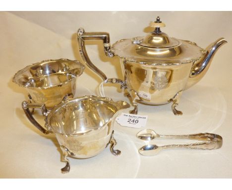 Three piece Sterling silver tea set (and tongs) hallmarked for Sheffield 1910 - maker Henry Wilkinson. Approx. total weight 6