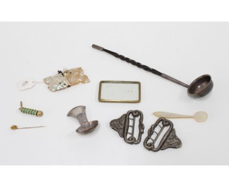 K.S.I.A (Keswick School of Industrial Art) pewter caddy spoon, Georgian toddy ladle, Chinese buckle, mother of pearl spoon an