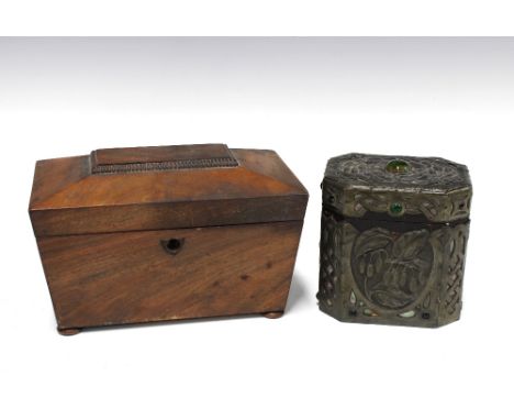 Art Nouveau pressed metal and wood tea caddy, with abalone and glass decoration, 13 x 13cm, together with a mahogany sarcopha