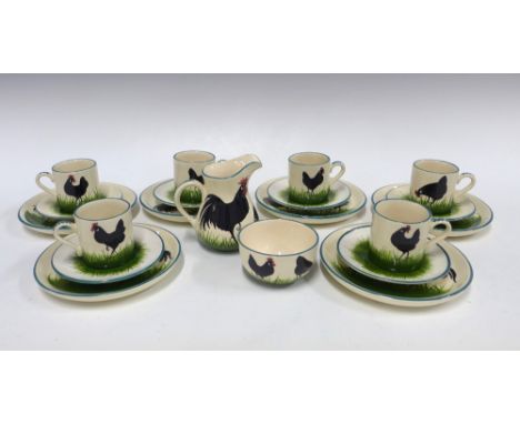 Griselda Hill Wemyss black cockerel and hens six place tea set, with cream jug and sugar bowl (20) 