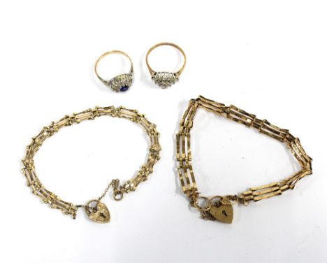 Two 9ct gold gate link bracelets and two 9ct gold gemset dress rings (one a/f) (4) 
