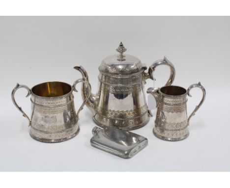 Victorian three part EPNS teaset and a James Dixon &amp; Sons EPNS 4oz hip flask (4) 