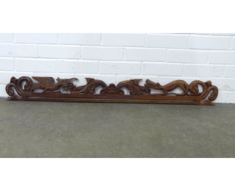Carved wooden bracket / overmantle with mythical beasts or dragons,  116 x 14cm. 