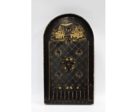 Regency black lacquer chinoiserie bagatelle board, 26 x 47cm 