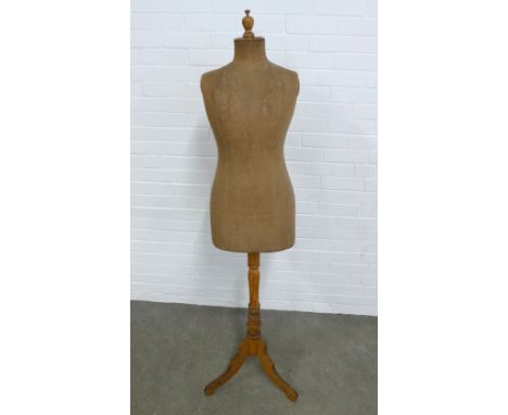 Antique / Vintage shop display linen mannequin with fruitwood base, 35 x 165cm. 