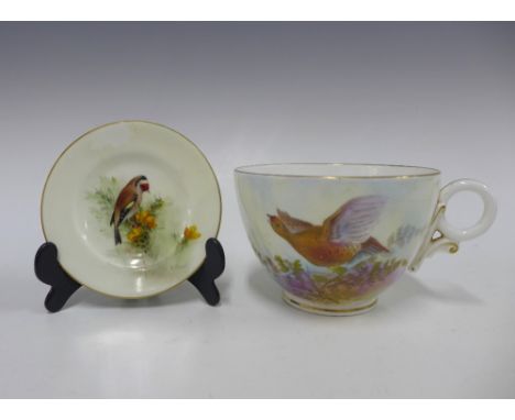 Royal Worcester Grouse cup, 9cm, together with a Royal Worcester saucer, signed Powell, (saucer a/f) (2) 
