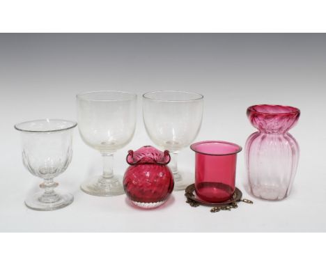 Three glass rummers, a cranberry glass lantern and wo small vases, tallest 16cm (6) 