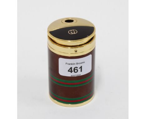 Gucci table lighter, cylindrical with brown, red and green bands, double GG motif to top, 8cm 