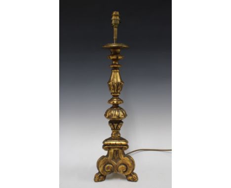 Baroque style gilt table lamp on paw feet, 60cm 