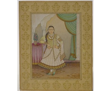 Indian School, watercolour with gilding, portrait of a girl, image 12" x 9", unframed

6 inch crease to card from bottom cent