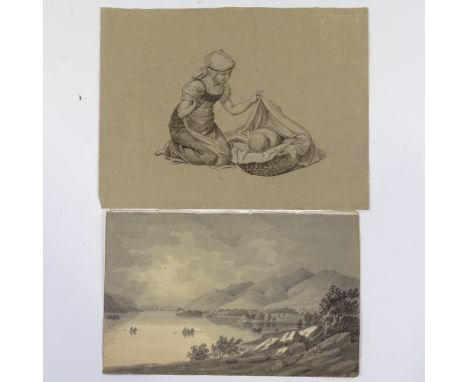 19th Century Italian school, graphite and ink wash, 3 character studies, 13" x 10" and 1 landscape of Lake District, 8" x 13"