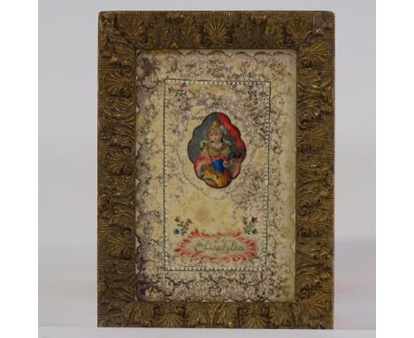 18th Century Spanish school watercolour portrait minature of Queen Elizabetha, cartouche mounted on lace, 2" x 1.5", framed

