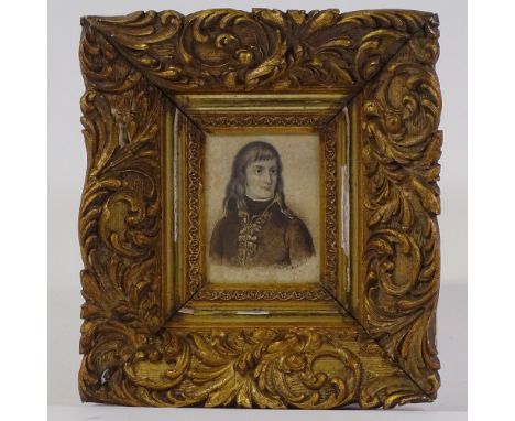 19th Century watercolour portrait of Napoleon, indistinctly signed, 4" x 3", framed

Browning of paper and some loss of plast