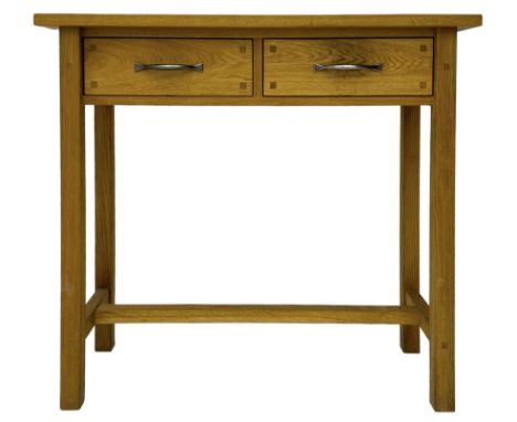 Laura Ashley - contemporary Milton oak console table, rectangular top over two drawers with pewter effect bow handles, on squ