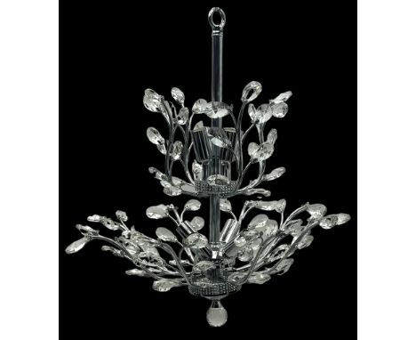 India Jane Interiors - crystal and chrome metal chandelier, central chrome column supporting two tiers of branches adorned wi