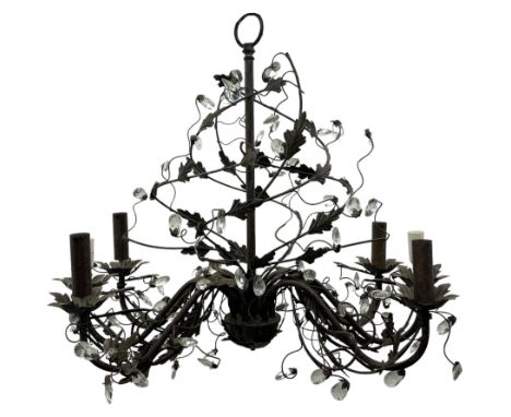 India Jane Interiors - contemporary wrought iron chandelier, adorned with vine and leaf motifs intertwined with faceted glass
