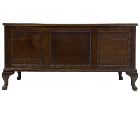 Early 20th century oak blanket chest, rectangular hinged lid with decorative panelling, the front and sides adorned with bead