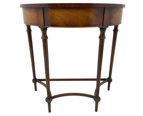 Georgian design mahogany demi-lune console table, figured and crossbanded top over single frieze drawer, on turned and fluted