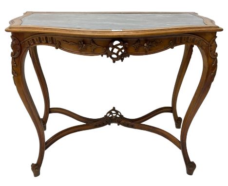 French design walnut console table, shaped top with inset grey marble panel, the frieze pierced and carved with scrolling fol