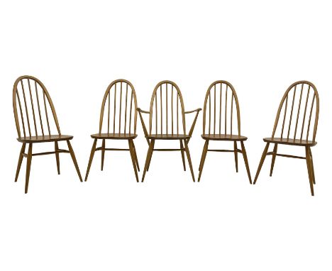 Ercol - set if five (4+1) elm and beech 'Windsor' dining chairs, high hoop and stick back, on tapering splayed supports unite