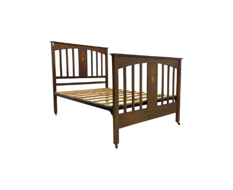 Edwardian inlaid mahogany 4' 6'' double bedstead, inlaid with ribbon tie and linen swags over trailing bellflower heads and f