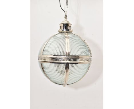 Silvered metal and glass spherical ball ceiling pendant, fitted with fluted glass panes, three branch light fitting Dimension