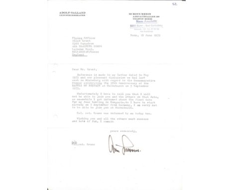 Adolf Galland WW2 Luftwaffe fighter aces typed signed letter 1975 on his own stationary to collector regarding a dinner celeb
