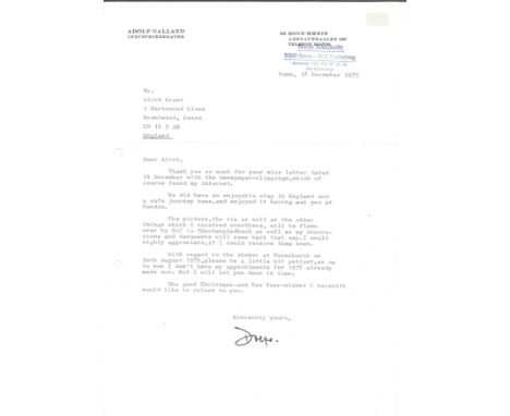 Adolf Galland WW2 Luftwaffe fighter aces typed signed letter 1975 on his own stationary to collector regarding a dinner at RA
