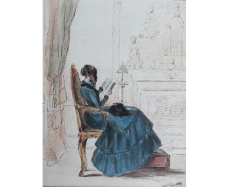19th century British SchoolAn interior sceneWatercolourTogether with a silkwork picture and a print