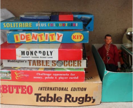 Subuteo Table Rugby together with other board games, action man, lacquer jewellery box, electroplated wares, plates, Bone chi