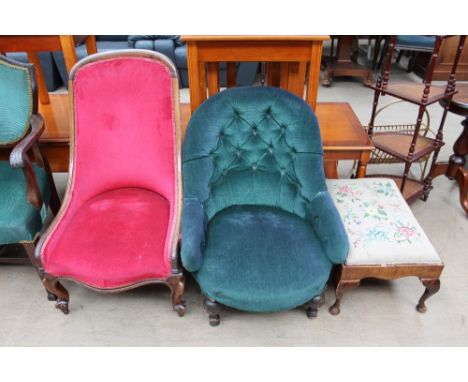 An early 19th century rosewood framed nursing chair together with a Victorian button back upholstered nursing chair and a wal