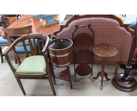 A 19th century carved walnut framed head board together with an office chair, folding cake stand, coopered jardinière, standa